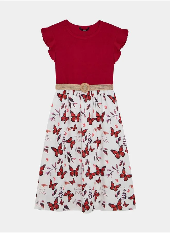 ستايلي Ruffle Trim Sleeve Butterfly Print Dress