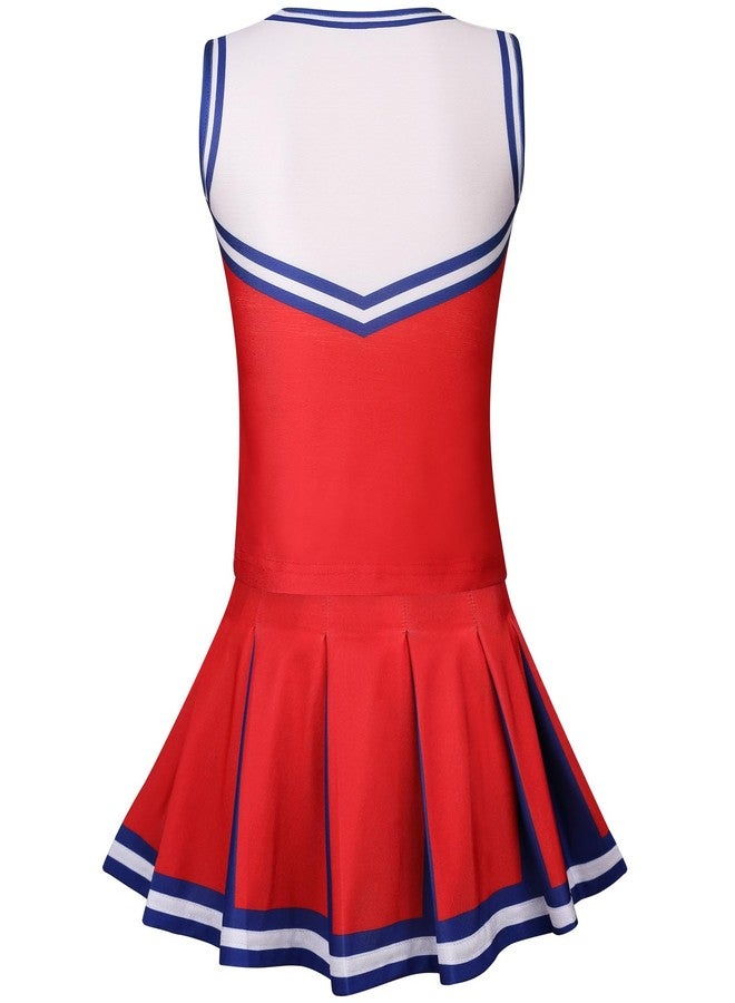 GRAJTCIN Girls Cheerleader Costume Kids Cheer Uniform Cheerleading Outfit Halloween Fancy Dress for 8-9 Years Pompoms(140, Red) - Image 2