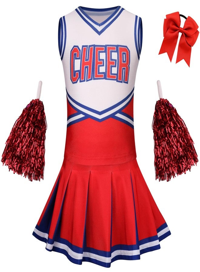 GRAJTCIN Girls Cheerleader Costume Kids Cheer Uniform Cheerleading Outfit Halloween Fancy Dress for 8-9 Years Pompoms(140, Red) - Image 1