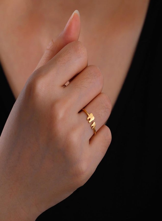 OIDIMS Cute Tiny Teeth Stacking Ring for Women Adjustable Statement Stainless Steel Lovely Pinky Tooth Extendable Ring Middle Tail Comfort Fit Finger Funny Jewelry Gift for Daughter Mom Birthday (Gold-Tone) - Image 2