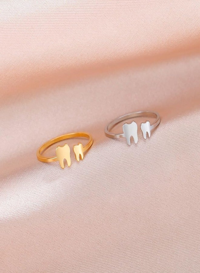 OIDIMS Cute Tiny Teeth Stacking Ring for Women Adjustable Statement Stainless Steel Lovely Pinky Tooth Extendable Ring Middle Tail Comfort Fit Finger Funny Jewelry Gift for Daughter Mom Birthday (Gold-Tone) - Image 4