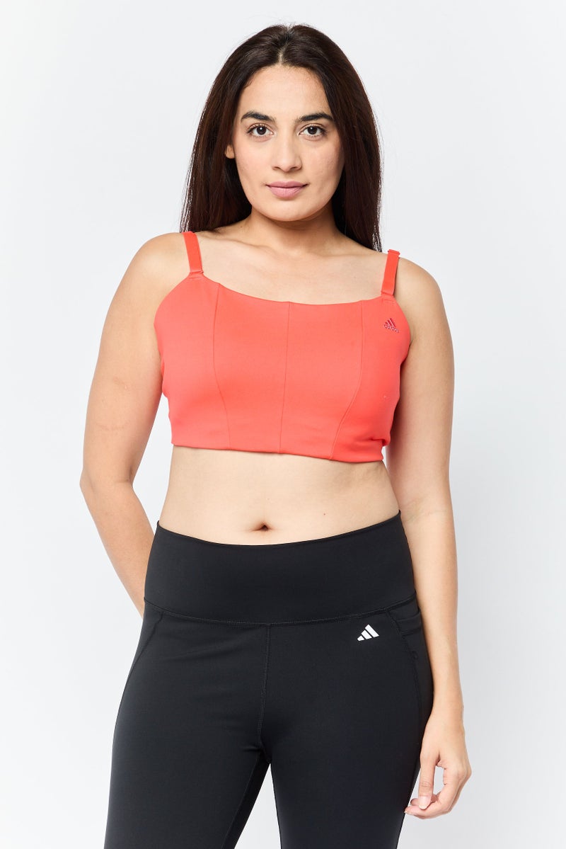 Adidas سوتيان رياضي للنساء مع شعار العلامة التجارية، مبطن قليلاً، أحمر ساطع - Image 1