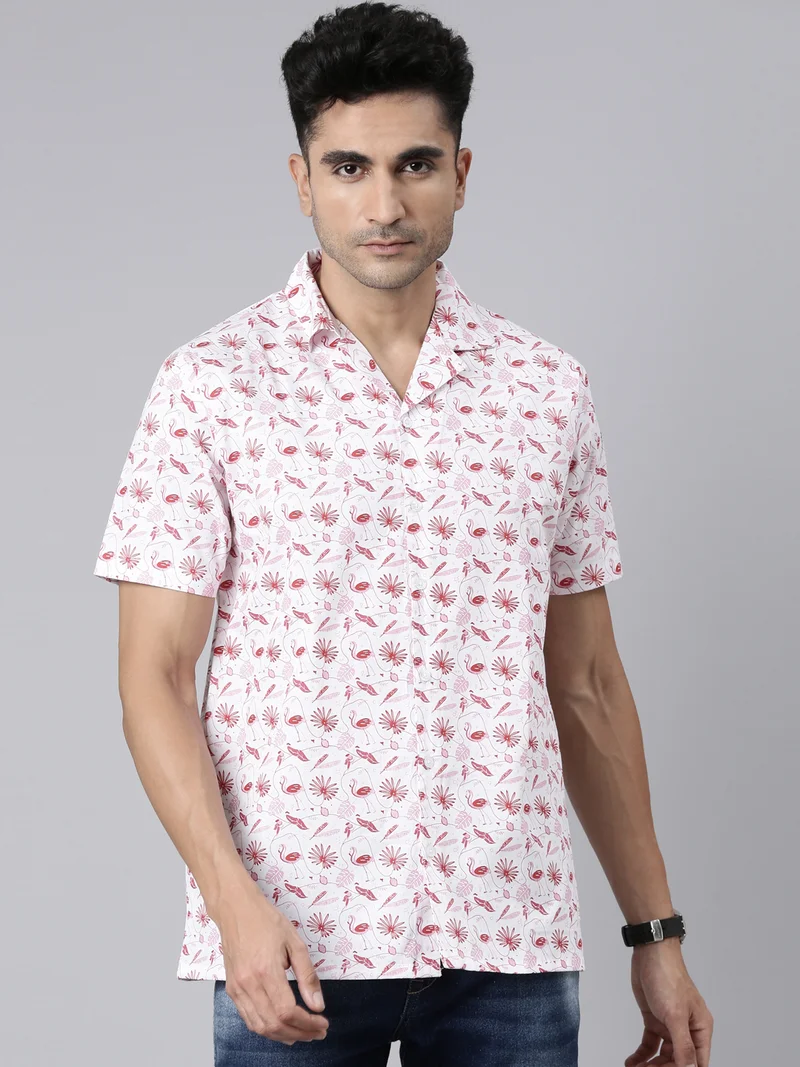 Joven White Printed Camp Collar Casual Shirt for Men