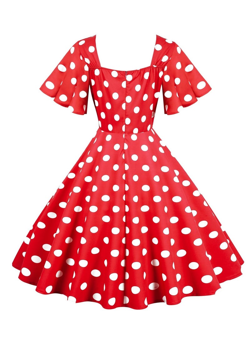 Loquat Vintage Wave Swing Short Sleeve Wave Dot Mid length Large Swing Skirt Red  - Image 3