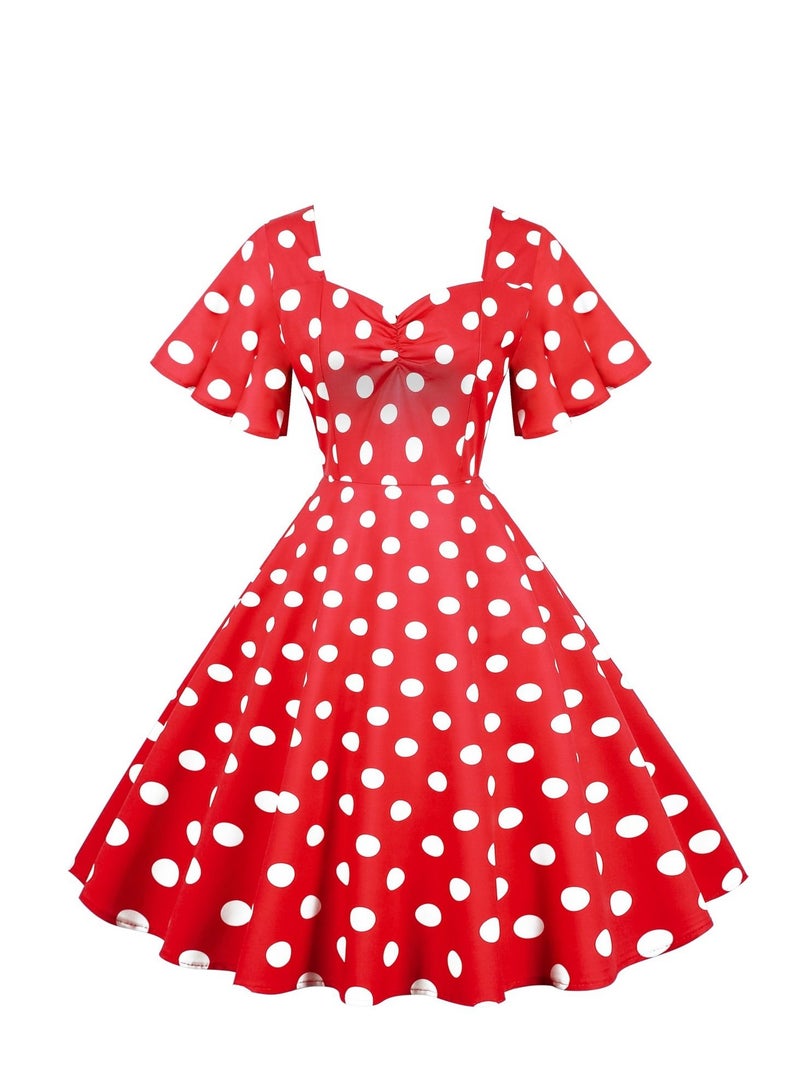 Loquat Vintage Wave Swing Short Sleeve Wave Dot Mid length Large Swing Skirt Red  - Image 1