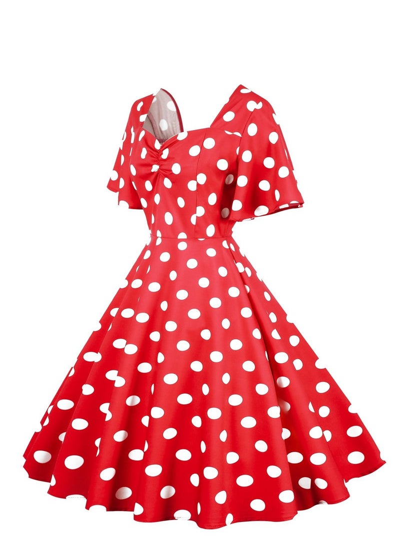 Loquat Vintage Wave Swing Short Sleeve Wave Dot Mid length Large Swing Skirt Red  - Image 2