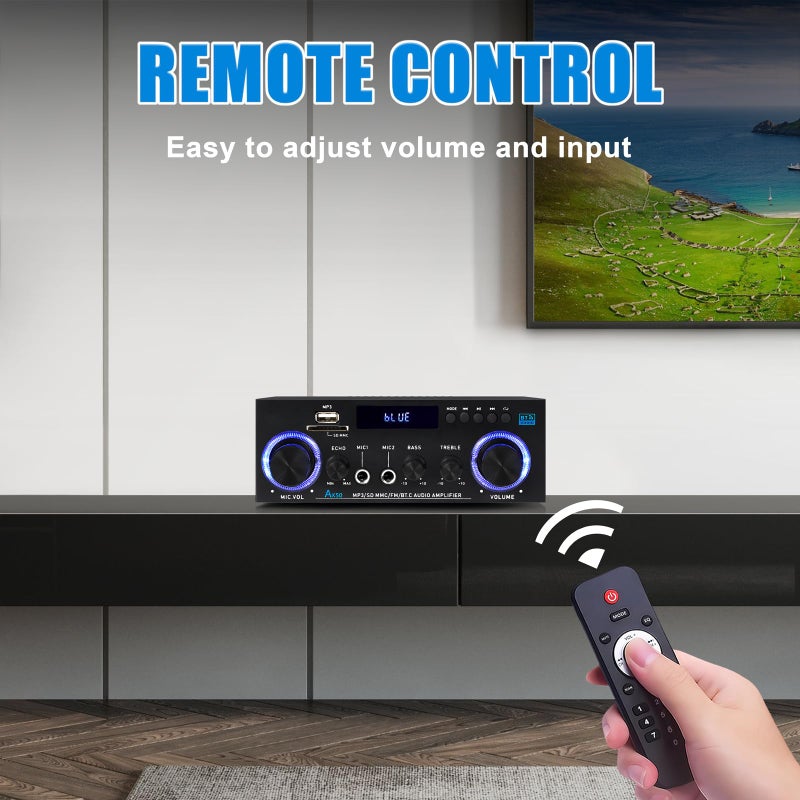 WOOPKER AK50 Amplifier Home Audio Stereo Receivers with Bluetooth 5.0,Max 500W,2.0 Channel Stereo Amplifier System for Home Theater Speakers,Garage,Home Amp with USB,SD,RCA,2 MIC in - Image 5