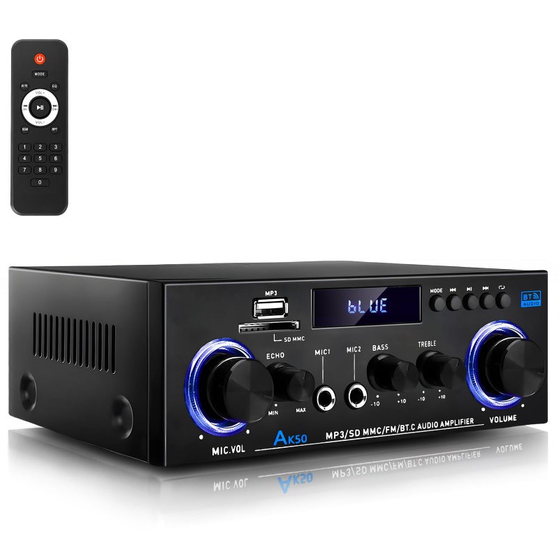 WOOPKER AK50 Amplifier Home Audio Stereo Receivers with Bluetooth 5.0,Max 500W,2.0 Channel Stereo Amplifier System for Home Theater Speakers,Garage,Home Amp with USB,SD,RCA,2 MIC in - Image 1