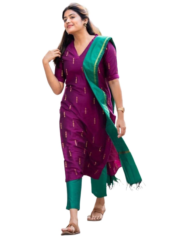 GoSriKi Women's Rayon Viscose Printed Straight Kurta with Pant and Dupatta (Opera Magenta-GS_L_Magenta_Large) - Image 1