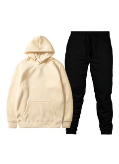 Spring New Glboard Solid Color Hooded Sweatshirt Casual Pants Fleece-Lined Pulloversuit Mens Sets Khaki + black pants