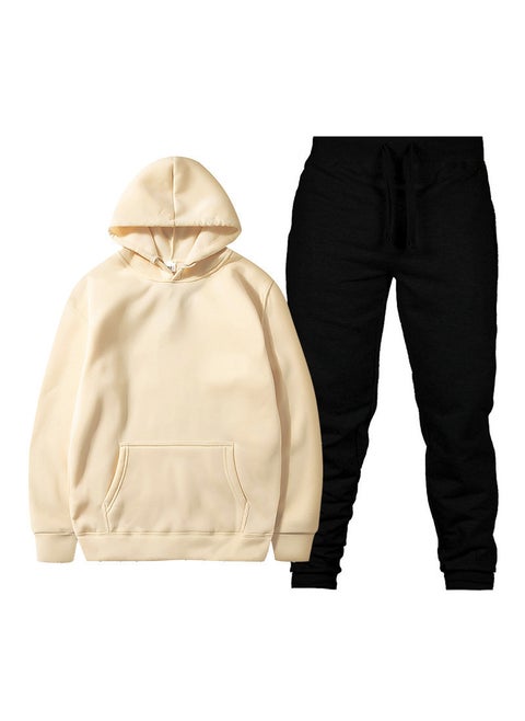 Spring New Glboard Solid Color Hooded Sweatshirt Casual Pants Fleece-Lined Pulloversuit Mens Sets Khaki + black pants
