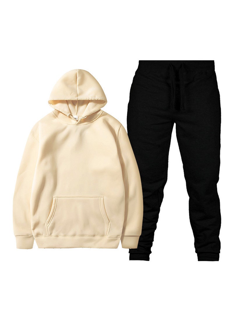 Generic - Spring New Glboard Solid Color Hooded Sweatshirt Casual Pants Fleece-Lined Pulloversuit Mens Sets Khaki + black pants - Image 1