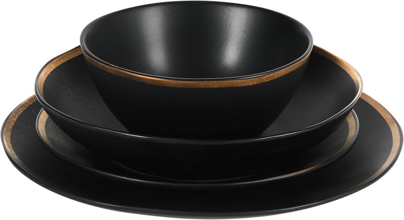 Gibson Elite Kings Road Double Plates and Bowl Organic Round Porcelain Dinnerware Set  Matte Black wGold Rim - Image 5