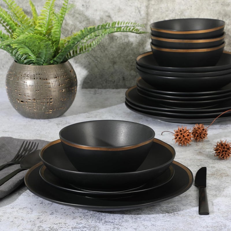 Gibson Elite Kings Road Double Plates and Bowl Organic Round Porcelain Dinnerware Set  Matte Black wGold Rim - Image 3