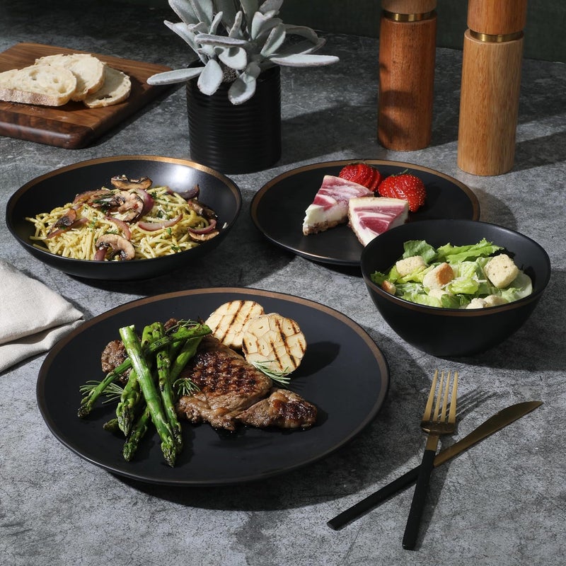 Gibson Elite Kings Road Double Plates and Bowl Organic Round Porcelain Dinnerware Set  Matte Black wGold Rim - Image 2