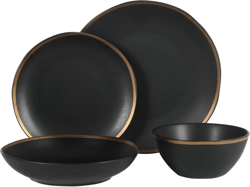 Gibson Elite Kings Road Double Plates and Bowl Organic Round Porcelain Dinnerware Set  Matte Black wGold Rim - Image 4