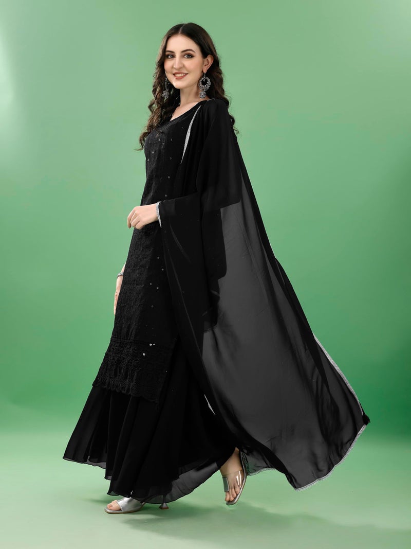 SHOPPING QUEEN Women's Georgette Straight Fit Embroidered Kurta Palazzo with Dupatta (A547_Wine_M) - Image 3