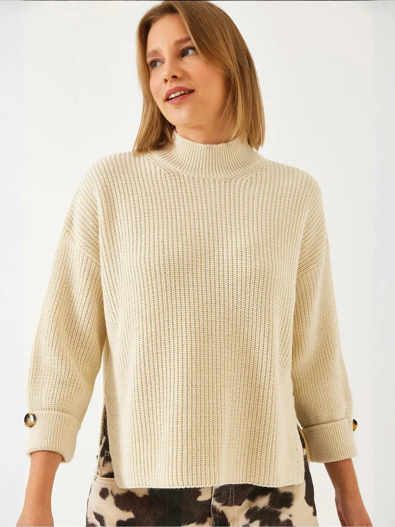 LUCCI Textured Knitwear Half Turtleneck Sweater with Button Closure