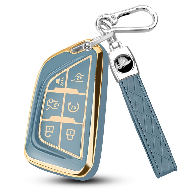 QBUC for Cadillac Key Fob Cover with Keychain Soft TPU Protection Case Compatible with 2020-2026 Cadillac Escalade Lyriq Optiq 6-Buttons(Gold Trim Blue) - Image 1