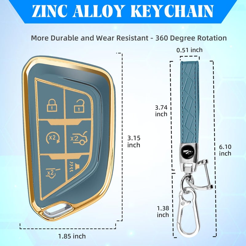 QBUC for Cadillac Key Fob Cover with Keychain Soft TPU Protection Case Compatible with 2020-2026 Cadillac Escalade Lyriq Optiq 6-Buttons(Gold Trim Blue) - Image 5