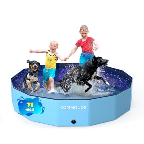 COMMOUDS Foldable Dog Pool Collapsible Hard Plastic Dog Kiddie Swimming Pool Portable Pet Bath Tub Wading Pools for Kids and Puppy Small Medium Large Dogs71inchD x 12inchH - Image 1