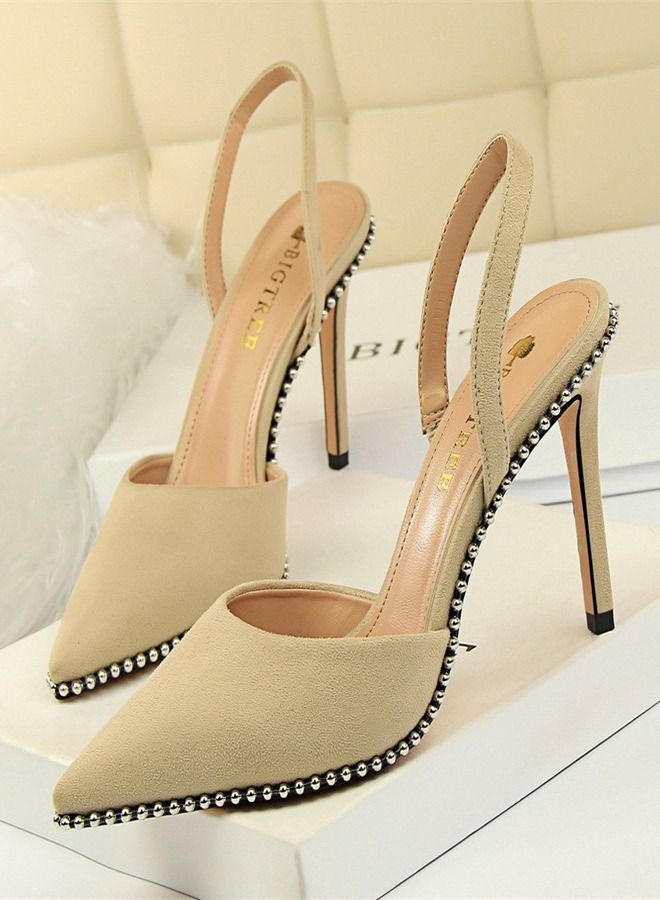 BIGTREE Pointed Back Strap Rivet High Heel Sandals 9CM Beige - Image 1