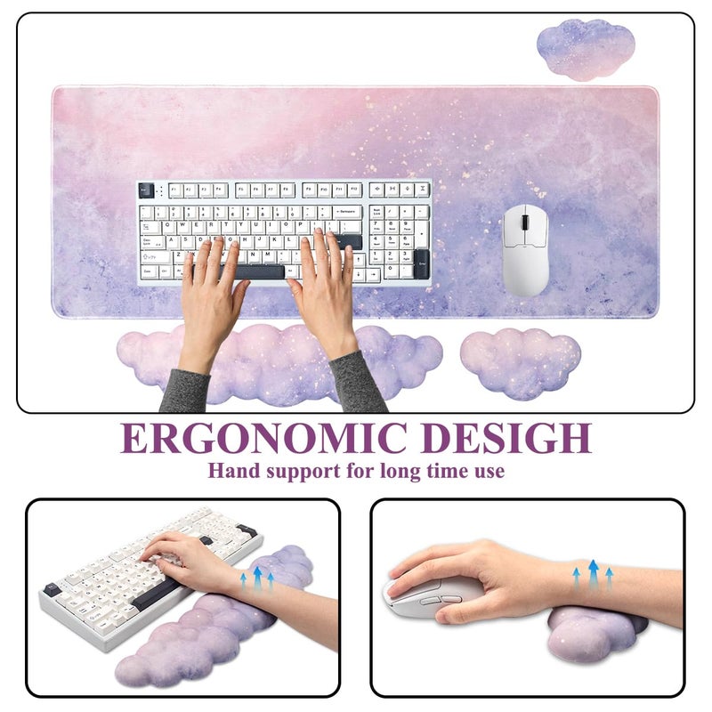 Sumgsn Gaming Desk Mat with Keyboard Wrist Rest Set, 4 in 1 Large Mouse Pad & Cloud Keyboard Wrist Rest& Mouse Wrist Rest&Coaster, Comfort and Support for Typing and Gaming(Purple) - Image 2
