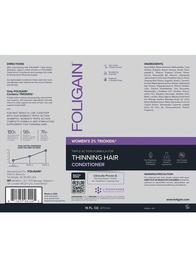 FOLIGAIN Triple Action Conditioner For Thinning Hair For Women with 2% Trioxidil | Hair Stimulating Conditioner | Women's Volumizing Conditioner (16oz) (15244) - Image 4