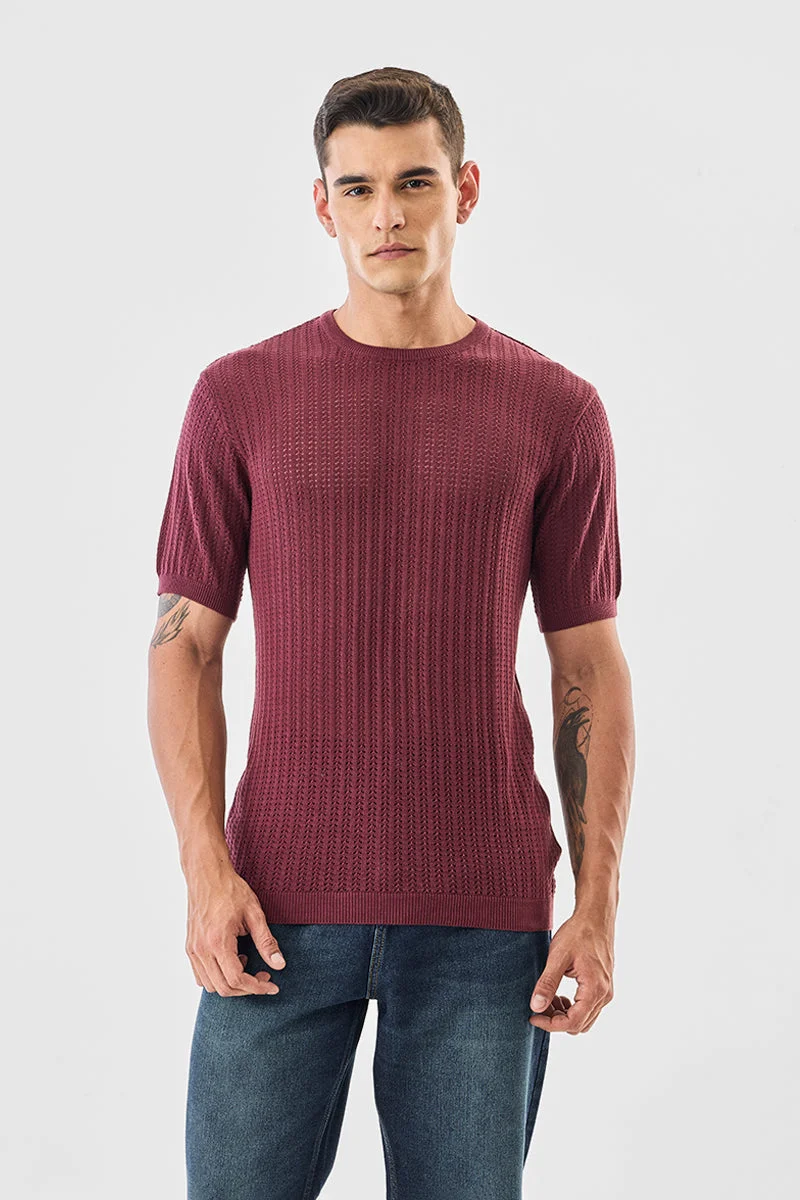 SNITCH Maroon 100% Cotton Regular Fit Flat Knit T-Shirt for Men | Best Price UAE