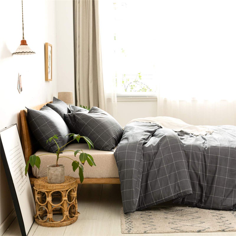 JELLYMONI 100% Natural Cotton 3pcs Plaid Duvet Cover Sets, Black with White Grid Geometric Pattern Printed Comforter Cover,with Zipper Closure & Corner Ties(King Size) - Image 2