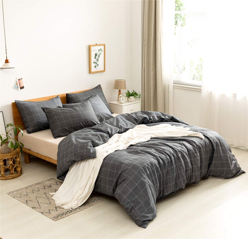 JELLYMONI 100% Natural Cotton 3pcs Plaid Duvet Cover Sets, Black with White Grid Geometric Pattern Printed Comforter Cover,with Zipper Closure & Corner Ties(King Size) - Image 3