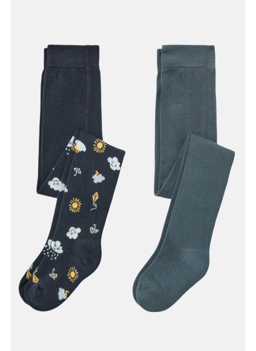 Tchibo Kids Girl 2 Pairs Printed Tights, Navy Combo  - Image 3