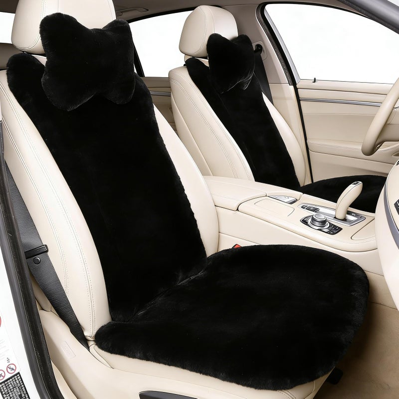 OGLAND 2 Pack Fuzzy Fluffy Fur Sheepskin Car Seat Covers for Auto Soft Cozy Wool Universal Seat Cushion Accessories Automobiles (Black) - Image 1