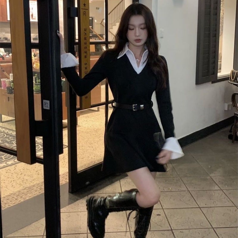 Spring and Autumn New Spice Girls Black Long-sleeved Fake Two-piece dress Tight Waist Slimming Design Sense A- long Short Skirt Black short [with belt]]