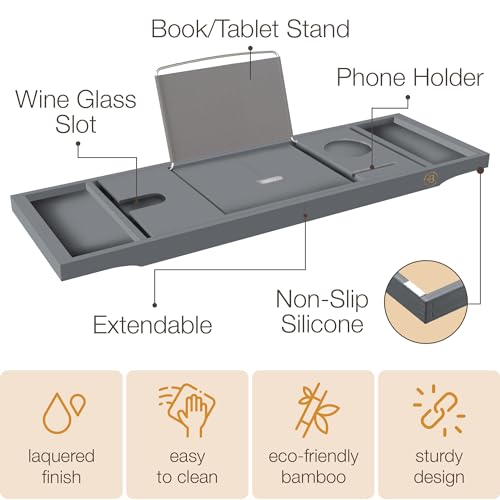 Bambüsi Bamboo Bathtub Tray Caddy - Expandable Wooden Bathroom Tray - Adjustable Bathroom Tray for Tub - Luxury Bath Caddy Tub Table - Gift Idea for Loved Ones (Grey) - Image 4