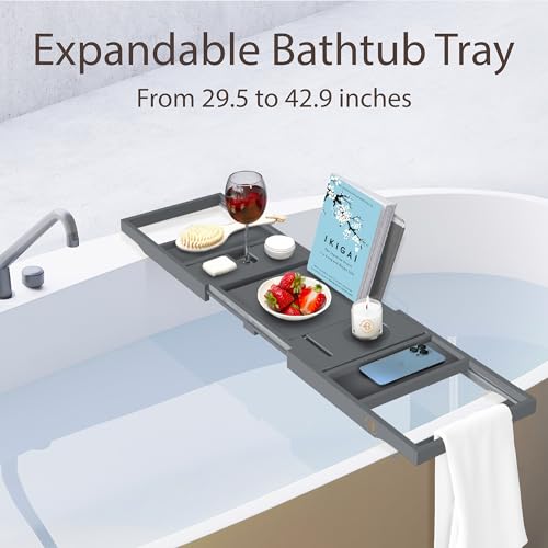 Bambüsi Bamboo Bathtub Tray Caddy - Expandable Wooden Bathroom Tray - Adjustable Bathroom Tray for Tub - Luxury Bath Caddy Tub Table - Gift Idea for Loved Ones (Grey) - Image 3
