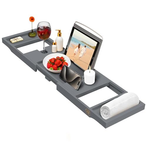 Bambüsi Bamboo Bathtub Tray Caddy - Expandable Wooden Bathroom Tray - Adjustable Bathroom Tray for Tub - Luxury Bath Caddy Tub Table - Gift Idea for Loved Ones (Grey) - Image 1