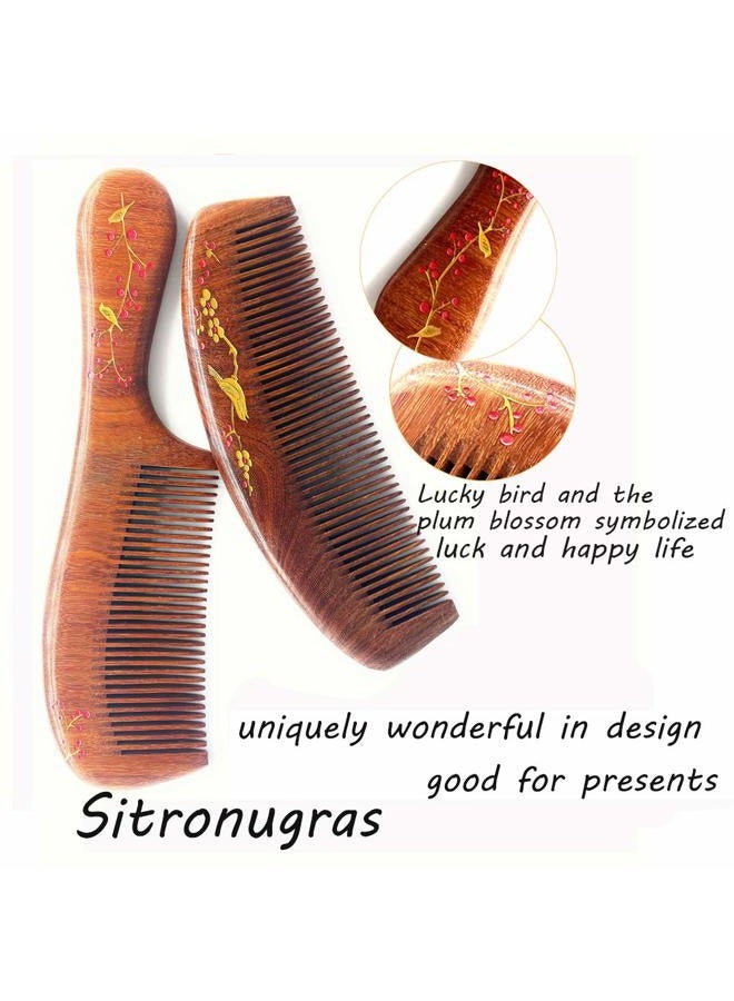 Sitronugras مجموعة أمشاط خشبية مصنوعة يدويًا من خشب الصندل الطبيعي - مشط ذو أسنان رفيعة لفك تشابك الشعر مع مقبض للنساء، مشط مضاد للكهرباء الساكنة على شكل هلال للشعر المستقيم، الموجي، الجاف، الكثيف أو الرفيع - Image 4