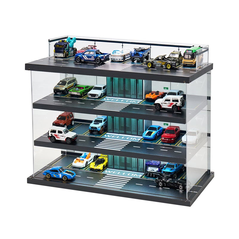 Display Case for Hot Wheels Garage Matchbox Cars with LED Light 164 Scale Diecast Toy Cars Garage Storage Case for Hot Wheels Parking Garage Diorama with 4 Levels Maximum 58 Cars