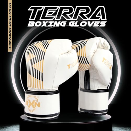 RXN Terra Boxing Gloves, Pro Training & Sparring, Maya Hide Leather, Muay Thai, MMA, Kickboxing, Men & Women, Heavy Punching Bag, Focus Mitts & Pads, Ventilated Palm, Padded (White Gold, 12OZ) - Image 2