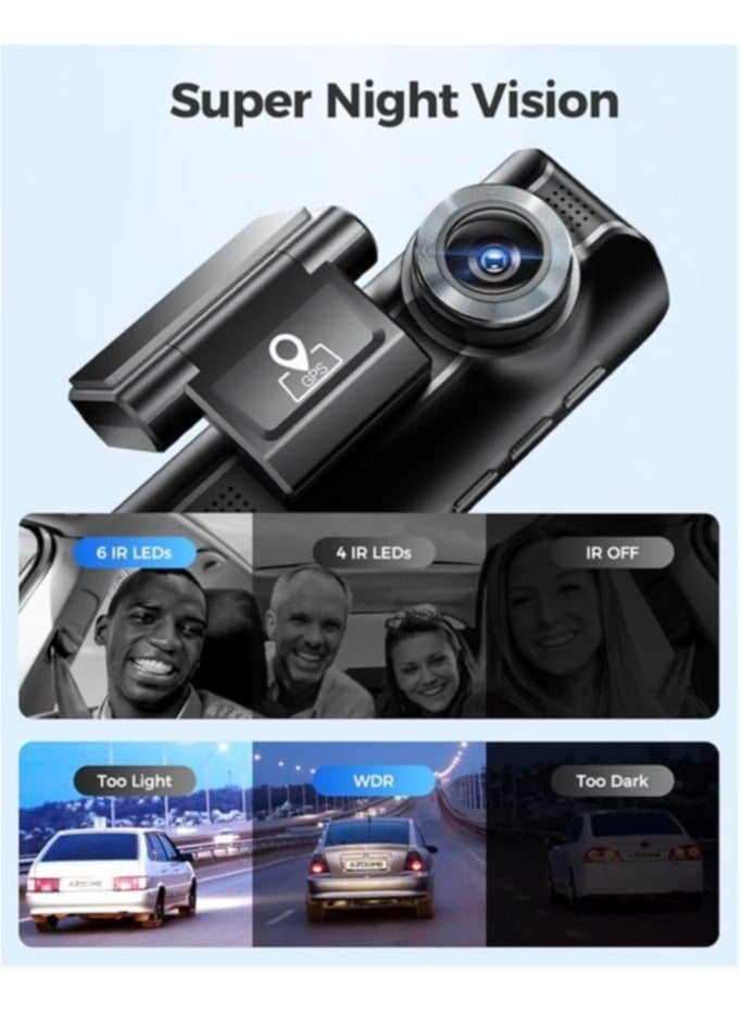 أزدوم كاميرا 4K Dashcam ثلاثية القنوات أمامية وخلفية ومقصورة مدمجة بتقنية 5G WiFi ونظام تحديد المواقع العالمي (GPS) والتحكم الصوتي مع الرؤية الليلية - Image 2