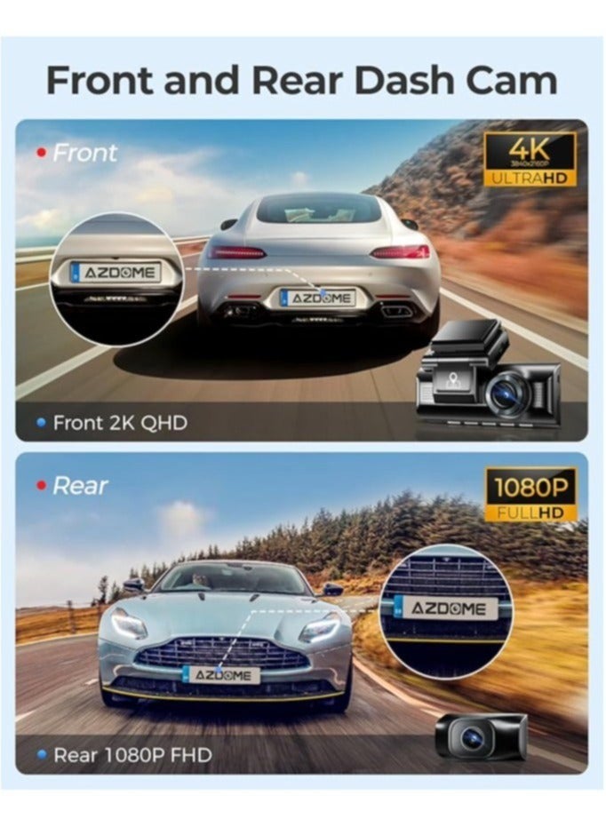 أزدوم كاميرا 4K Dashcam ثلاثية القنوات أمامية وخلفية ومقصورة مدمجة بتقنية 5G WiFi ونظام تحديد المواقع العالمي (GPS) والتحكم الصوتي مع الرؤية الليلية - Image 3
