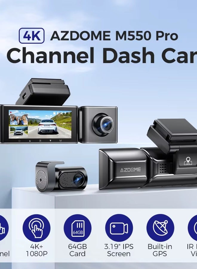 أزدوم كاميرا 4K Dashcam ثلاثية القنوات أمامية وخلفية ومقصورة مدمجة بتقنية 5G WiFi ونظام تحديد المواقع العالمي (GPS) والتحكم الصوتي مع الرؤية الليلية - Image 5