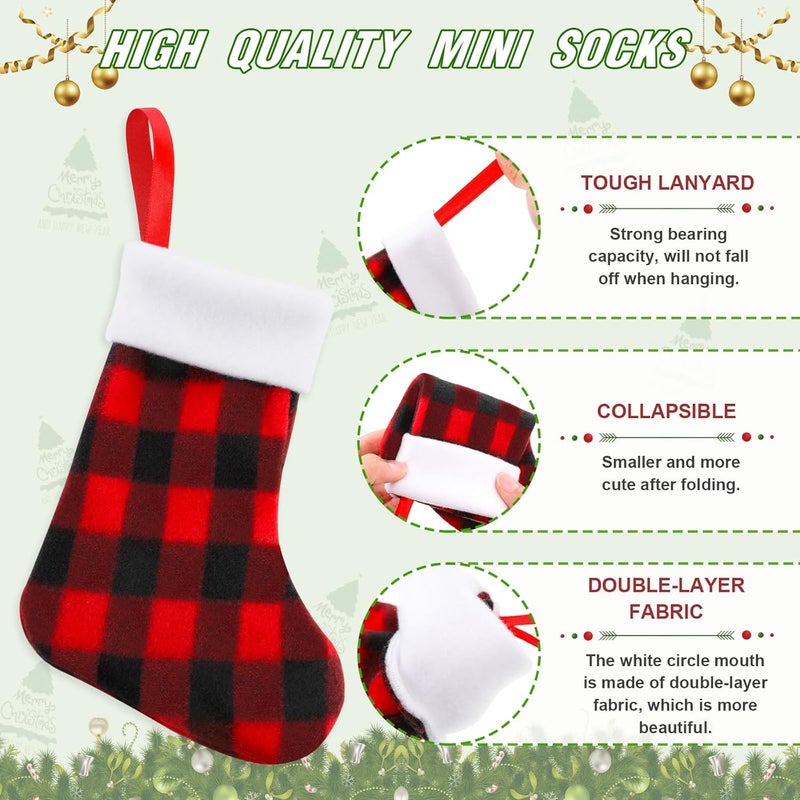 BBTO Plush Cuff Christmas Mini Stockings 7 Inch Buffalo Plaid Hanging Stockings Xmas Stocking Socks Decoration Stocking Candy Holder Stocking Tableware Holders for Dinner(Red and Black,60 Pieces) - Image 4