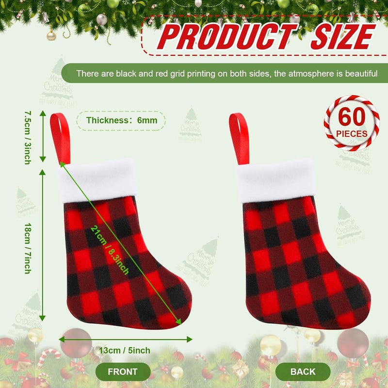 BBTO Plush Cuff Christmas Mini Stockings 7 Inch Buffalo Plaid Hanging Stockings Xmas Stocking Socks Decoration Stocking Candy Holder Stocking Tableware Holders for Dinner(Red and Black,60 Pieces) - Image 2