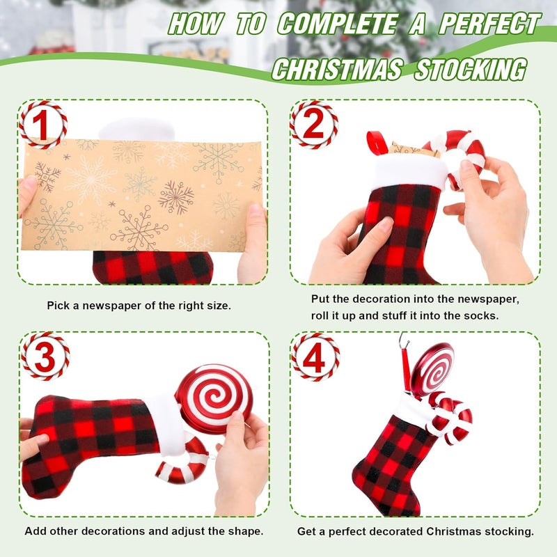 BBTO Plush Cuff Christmas Mini Stockings 7 Inch Buffalo Plaid Hanging Stockings Xmas Stocking Socks Decoration Stocking Candy Holder Stocking Tableware Holders for Dinner(Red and Black,60 Pieces) - Image 3