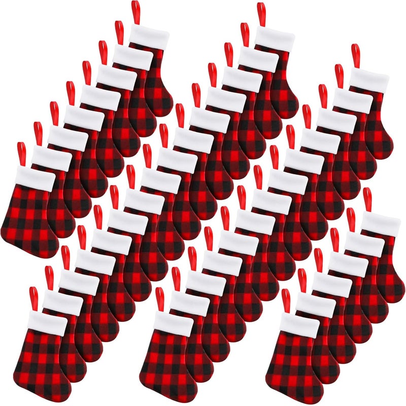 BBTO Plush Cuff Christmas Mini Stockings 7 Inch Buffalo Plaid Hanging Stockings Xmas Stocking Socks Decoration Stocking Candy Holder Stocking Tableware Holders for Dinner(Red and Black,60 Pieces) - Image 1