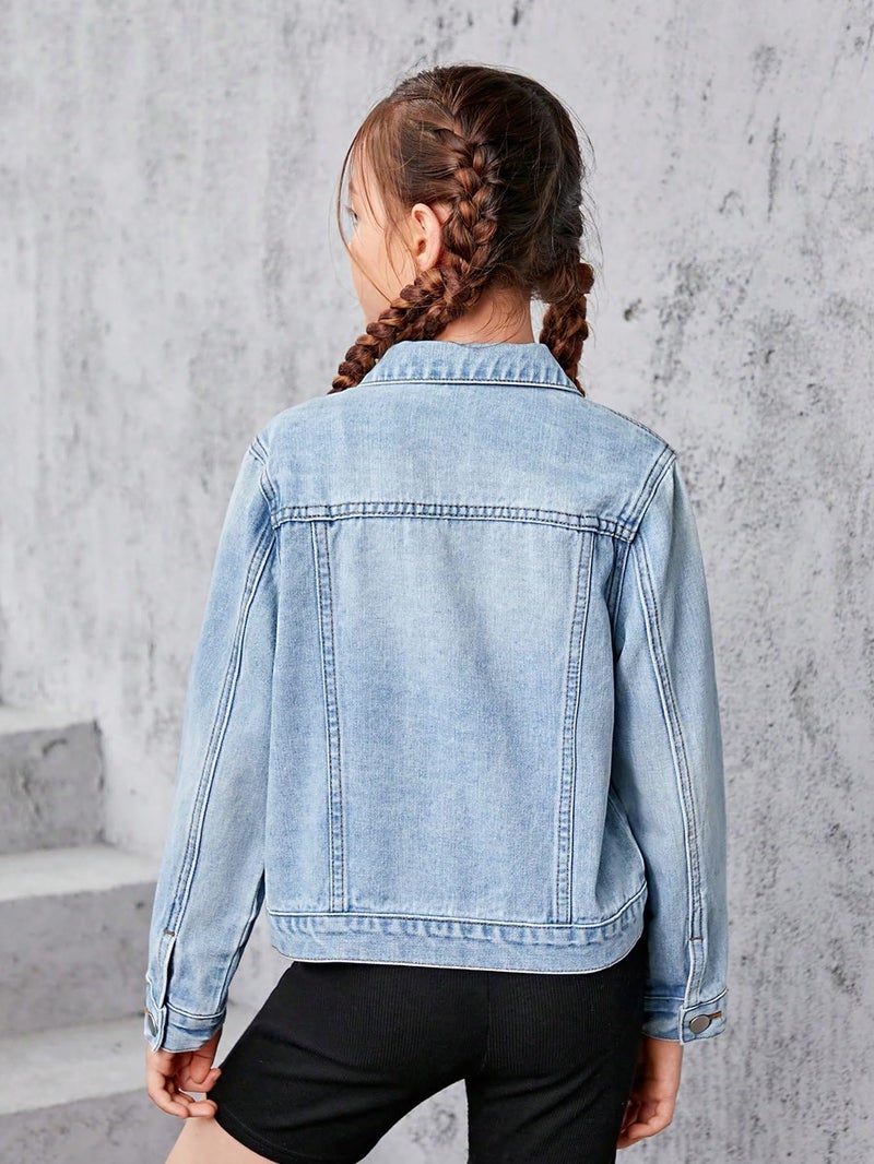 WDIRARA Girl's Ripped Flap Pocket Button Front Long Sleeve Collared Denim Jacket Light Wash 9Y - Image 3