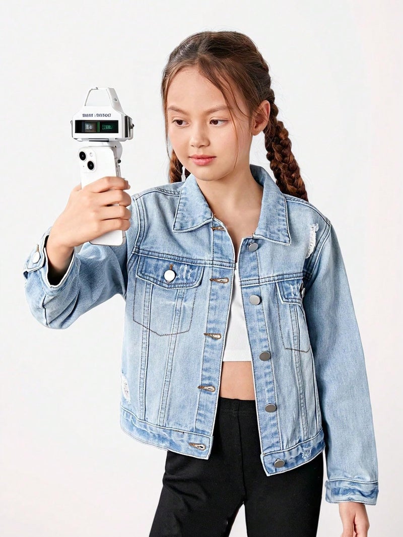 WDIRARA Girl's Ripped Flap Pocket Button Front Long Sleeve Collared Denim Jacket Light Wash 9Y - Image 2