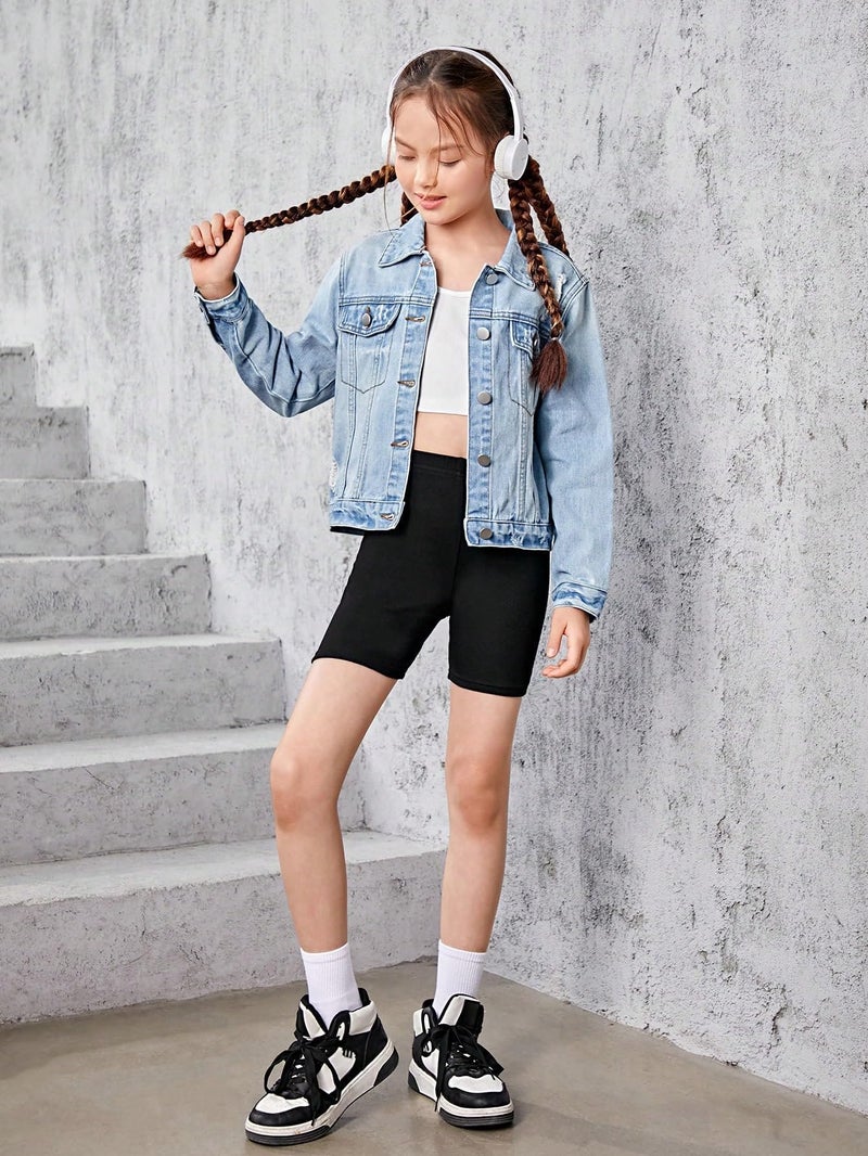 WDIRARA Girl's Ripped Flap Pocket Button Front Long Sleeve Collared Denim Jacket Light Wash 9Y - Image 5